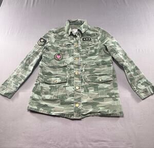 Justice Girls Camo Utility Jacket Heart Patch Drawstring Waist Size 8/10